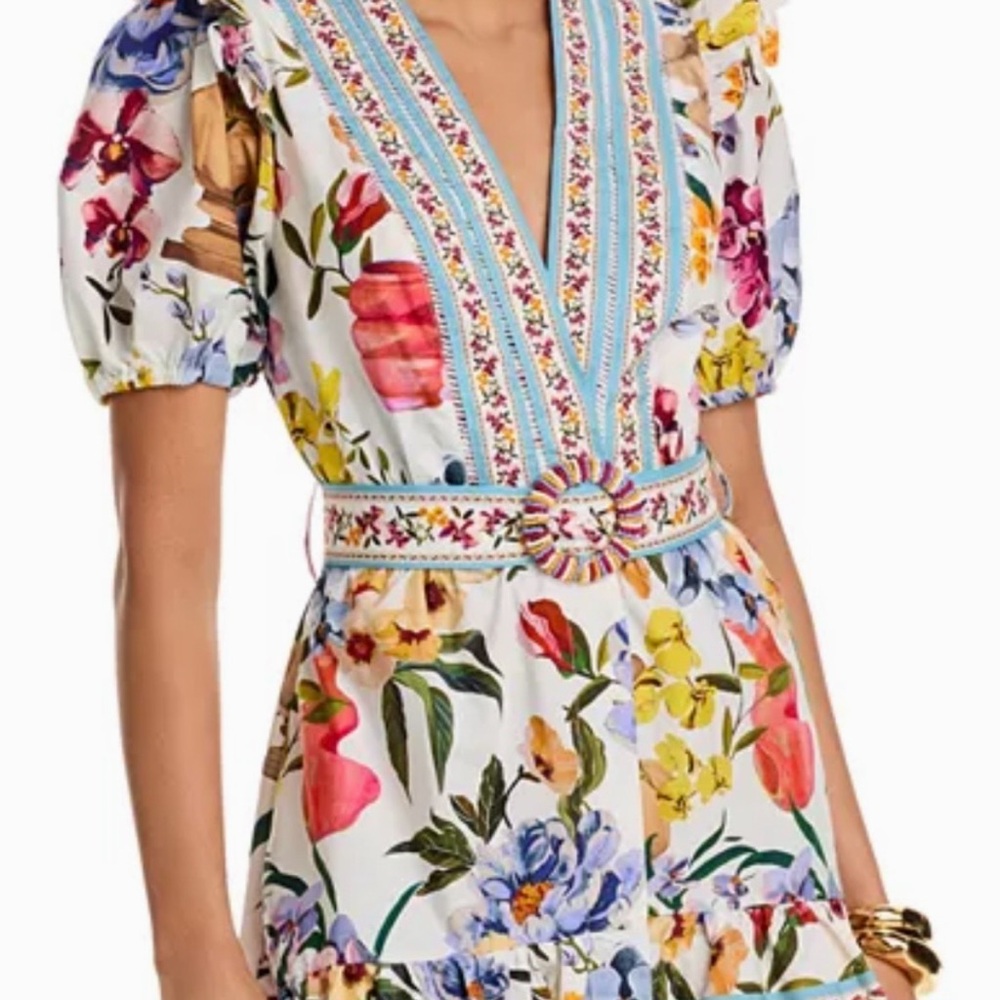 Title: FARM Rio Floral Puff Sleeve V-Neck Dress w/ Beaded Belt Buckle